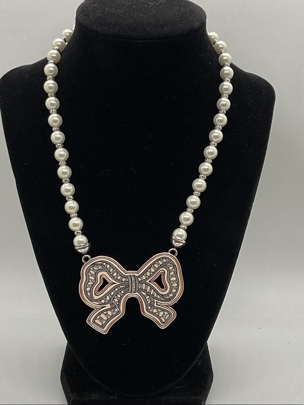 Brighton Faux Pearl Bead Necklace with Decorative Bow Pendant - White